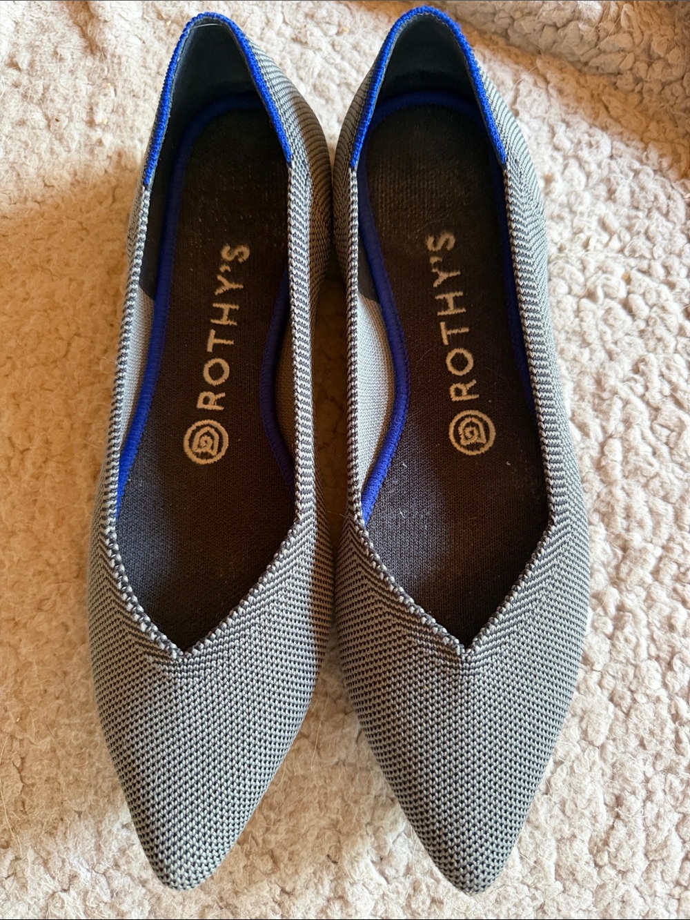 Rothy's Pointed Knit Flats in Gray with Blue Trim